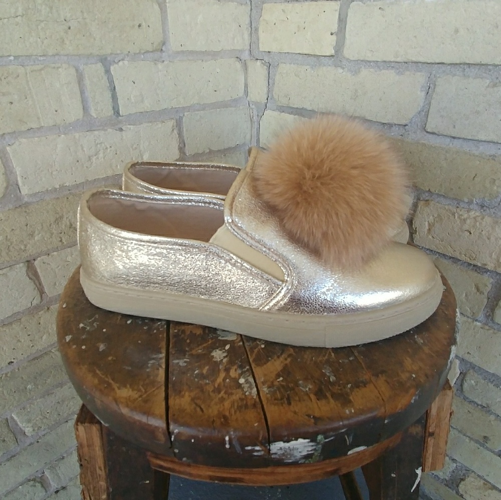 Gold Slip On Sneakers with Fur Pom Pom